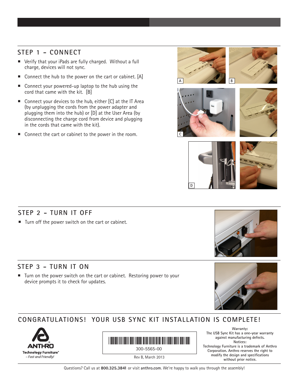 Step 1 - connect, Step 2 - turn it off, Step 3 - turn it on | Anthro Tablet Charging Cabinets USB Sync Kit Assembly Instructions User Manual | Page 2 / 2