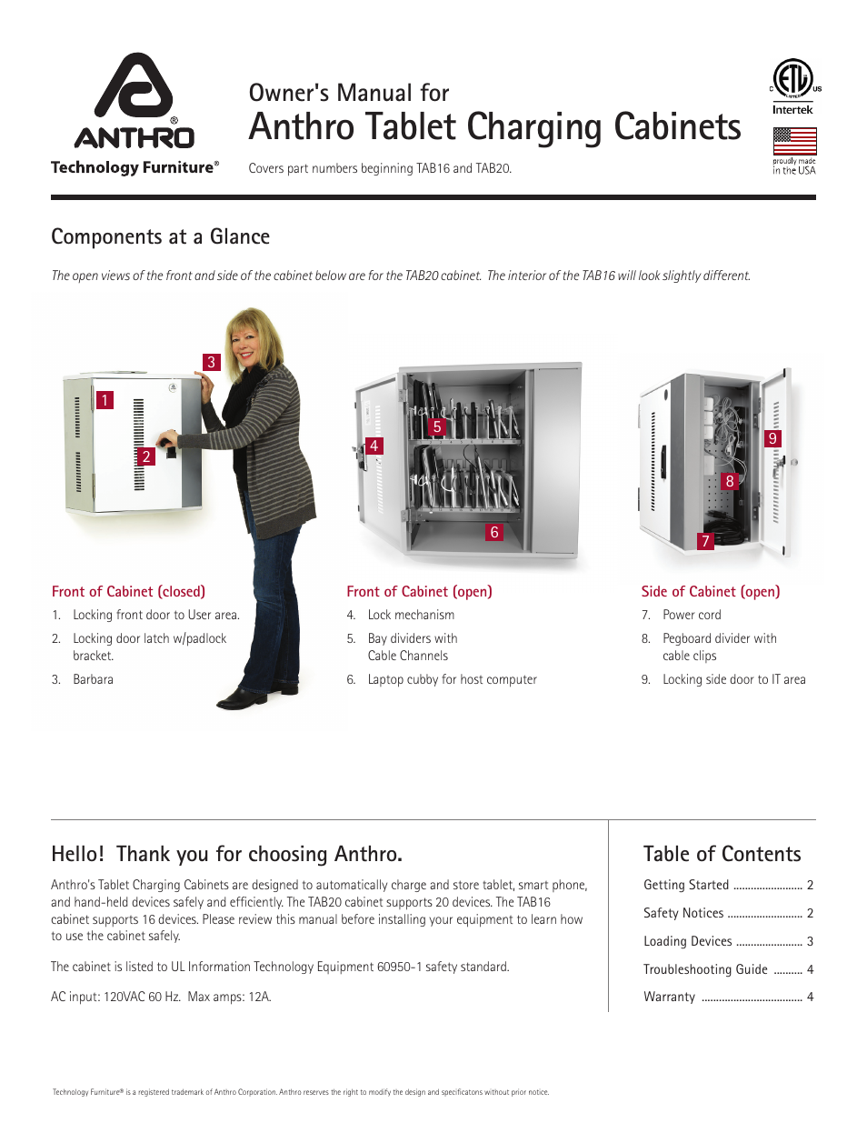 Anthro Tablet Charging Cabinets Owners Manual User Manual | 8 pages