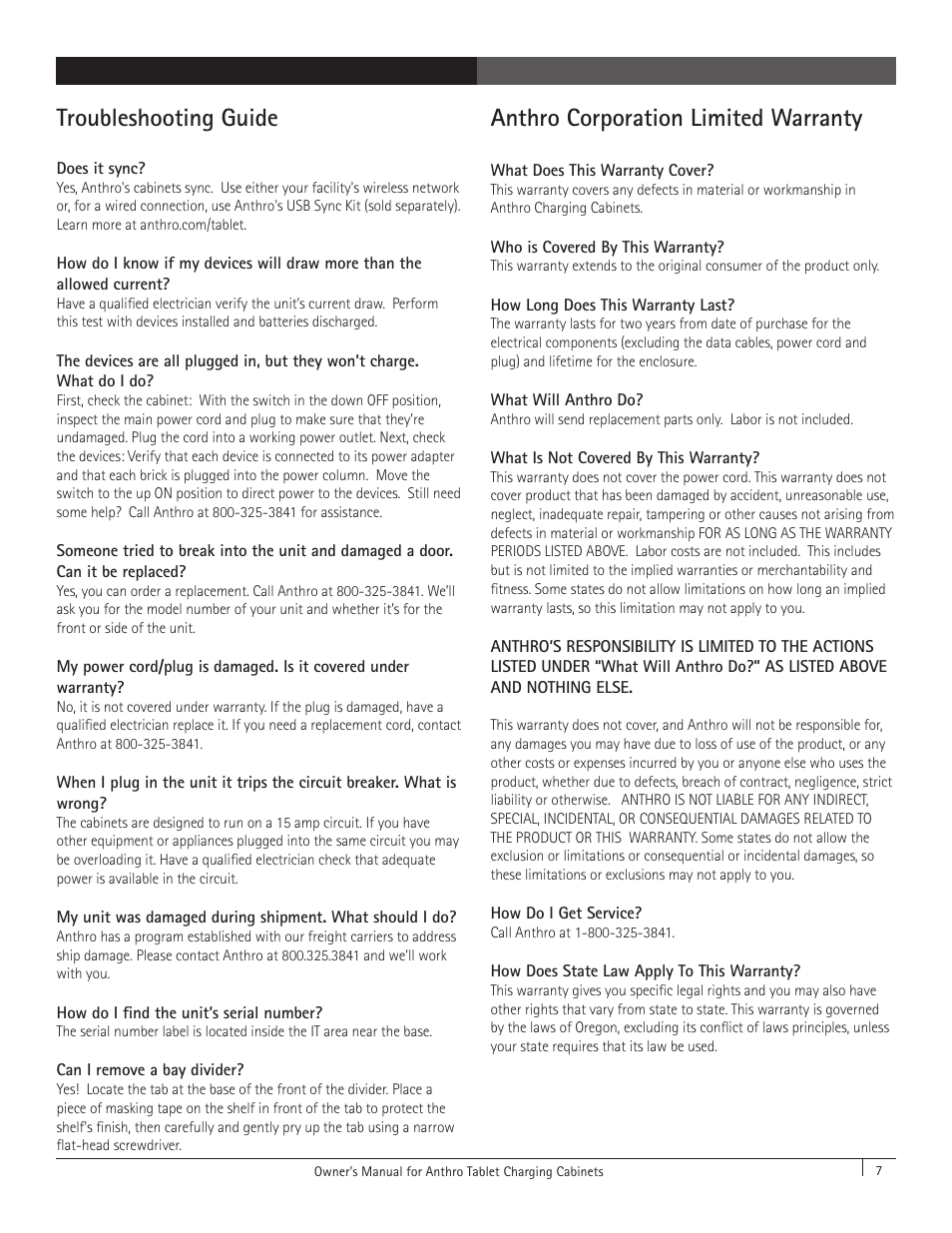 Troubleshooting guide, Anthro corporation limited warranty | Anthro Tablet Charging Cabinets Owners Manual User Manual | Page 7 / 8