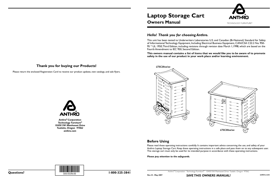 Anthro Standard Laptop Charging Cart LTSC20xx/xx, LTSC30xx/xx Owners Manual User Manual | 4 pages