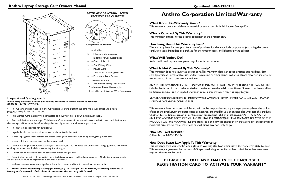 Anthro corporation limited warranty, Anthro laptop storage cart owners manual, Important safeguards | What does this warranty cover, Who is covered by this warranty, How long does this warranty last, What will anthro do, What is not covered by this warranty, How do i get service, How does state law apply to this warranty | Anthro Standard Laptop Charging Cart LTSC20xx/xx, LTSC30xx/xx Owners Manual User Manual | Page 2 / 4