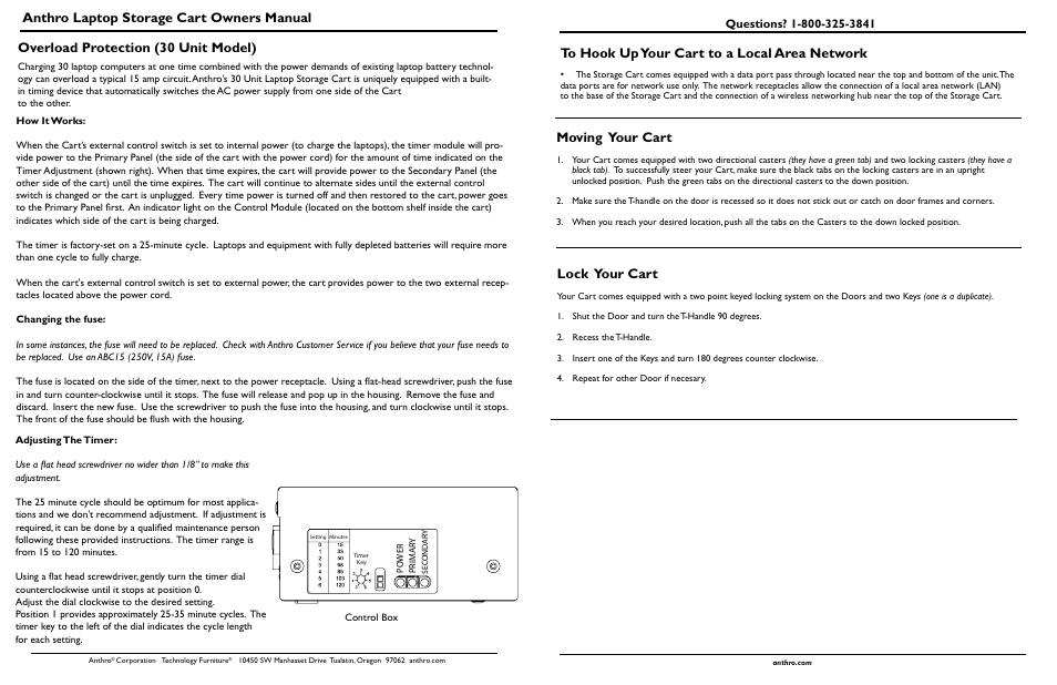 Overload protection (30 unit model), Moving your cart, Lock your cart | Anthro laptop storage cart owners manual | Anthro Standard Laptop Charging Cart LTSC20xx/xx, LTSC30xx/xx Owners Manual User Manual | Page 4 / 4