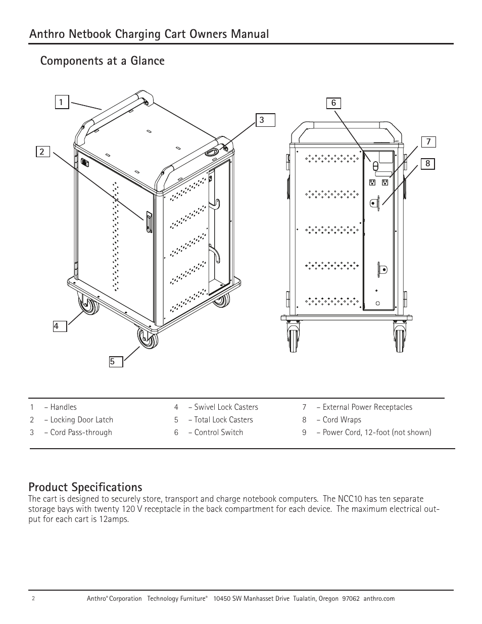 Anthro netbook charging cart owners manual, Product specifications, Components at a glance | Anthro Advanced Netbook Charging NCC10 Owners Manual User Manual | Page 2 / 8