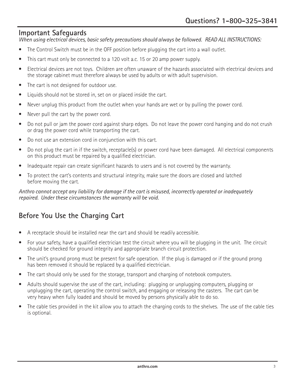 Important safeguards, Before you use the charging cart | Anthro Advanced Netbook Charging NCC10 Owners Manual User Manual | Page 3 / 8