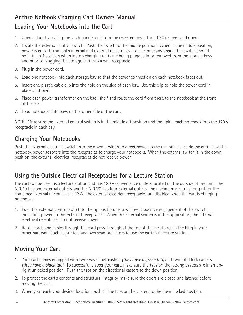 Anthro netbook charging cart owners manual, Moving your cart | Anthro Advanced Netbook Charging NCC10 Owners Manual User Manual | Page 4 / 8