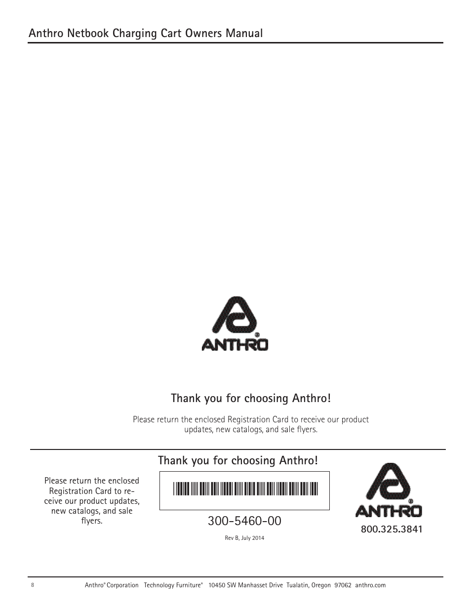 Anthro netbook charging cart owners manual | Anthro Advanced Netbook Charging NCC10 Owners Manual User Manual | Page 8 / 8