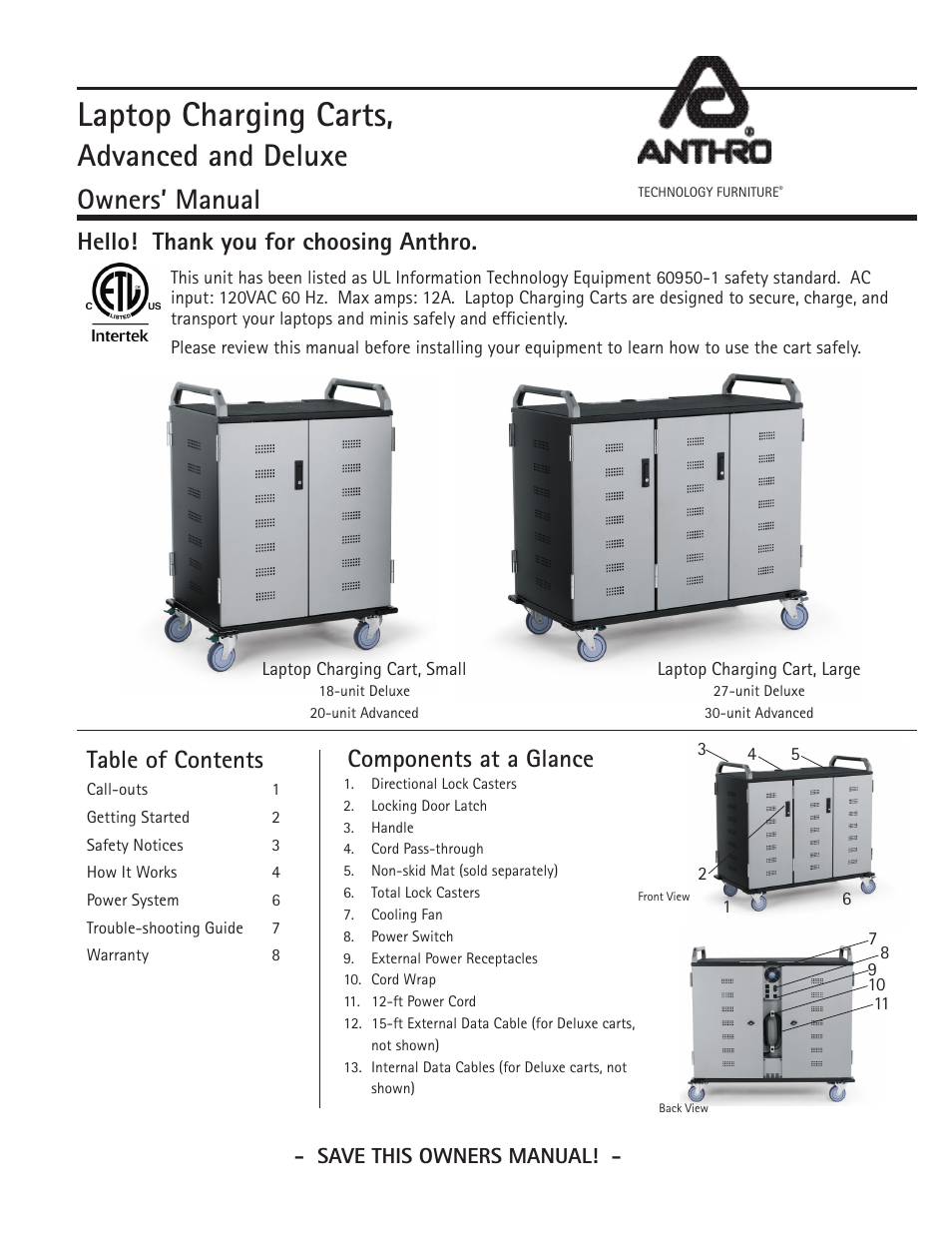 Anthro Advanced Laptop Charging Cart Owners Manual User Manual | 8 pages