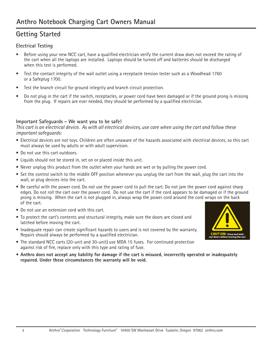 Getting started, Electrical testing | Anthro Advanced Laptop Charging Cart Owners Manual User Manual | Page 2 / 8