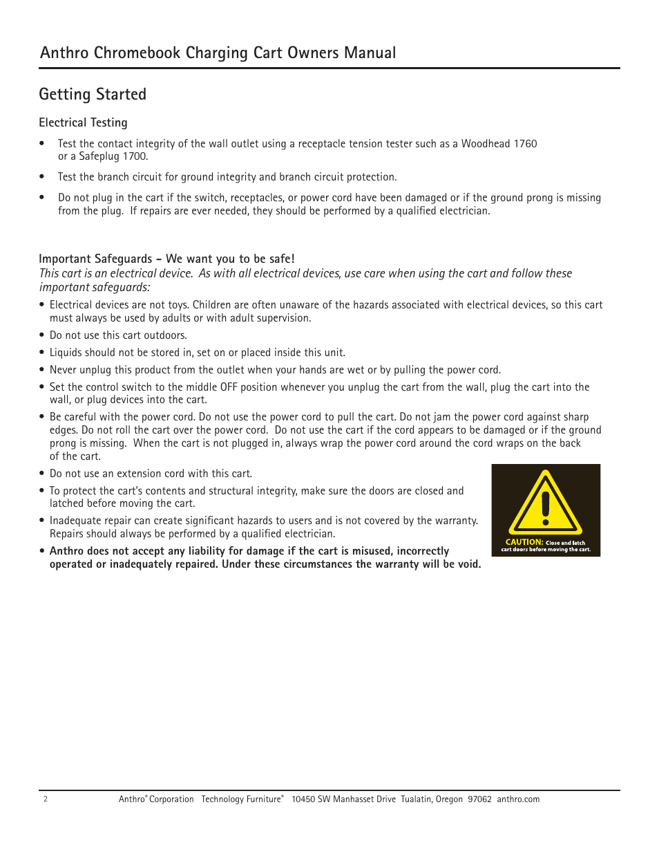 Anthro chromebook charging cart owners manual, Getting started, Electrical testing | Anthro Chromebook Charging Cart Owners Manual User Manual | Page 2 / 8