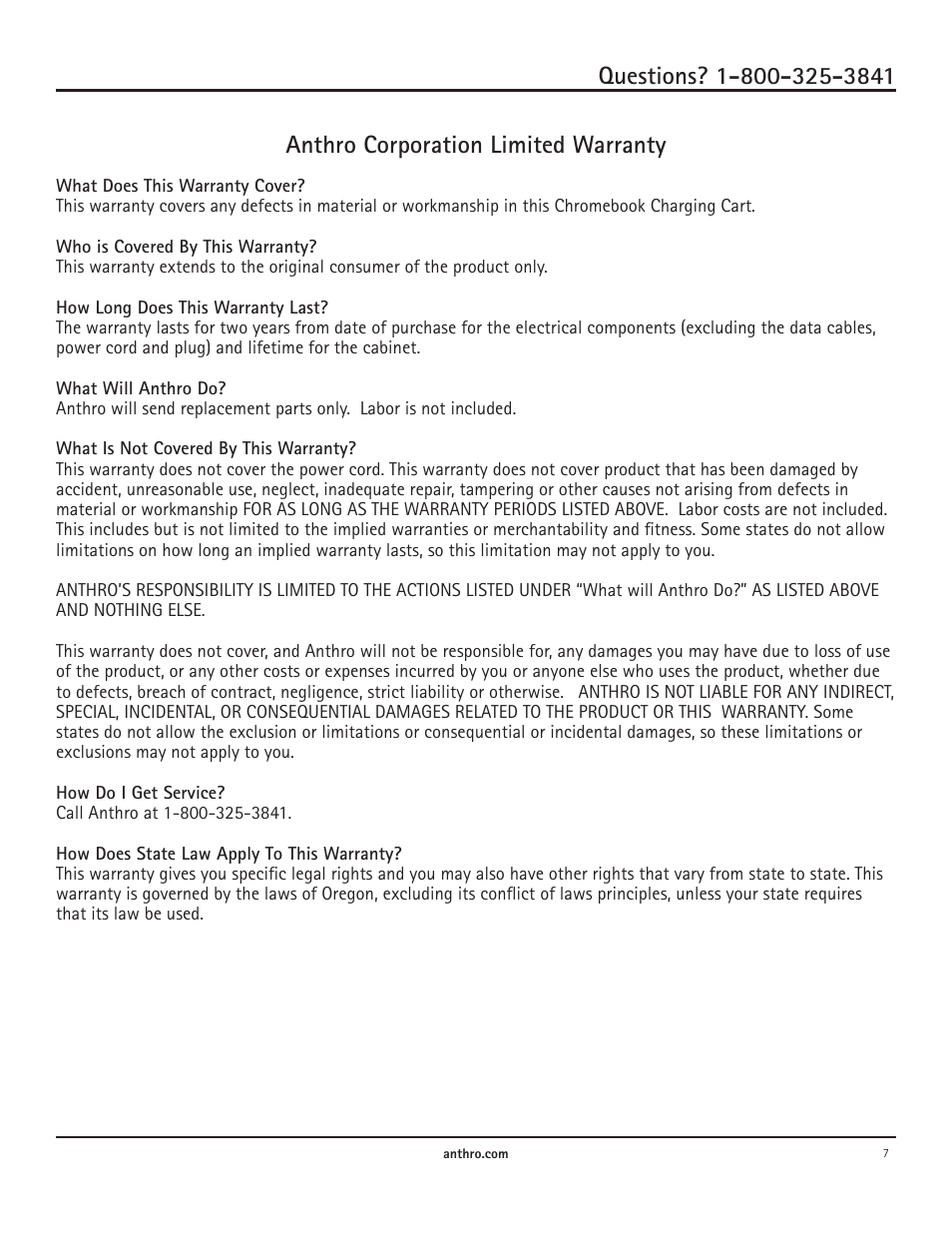 Anthro corporation limited warranty | Anthro Chromebook Charging Cart Owners Manual User Manual | Page 7 / 8