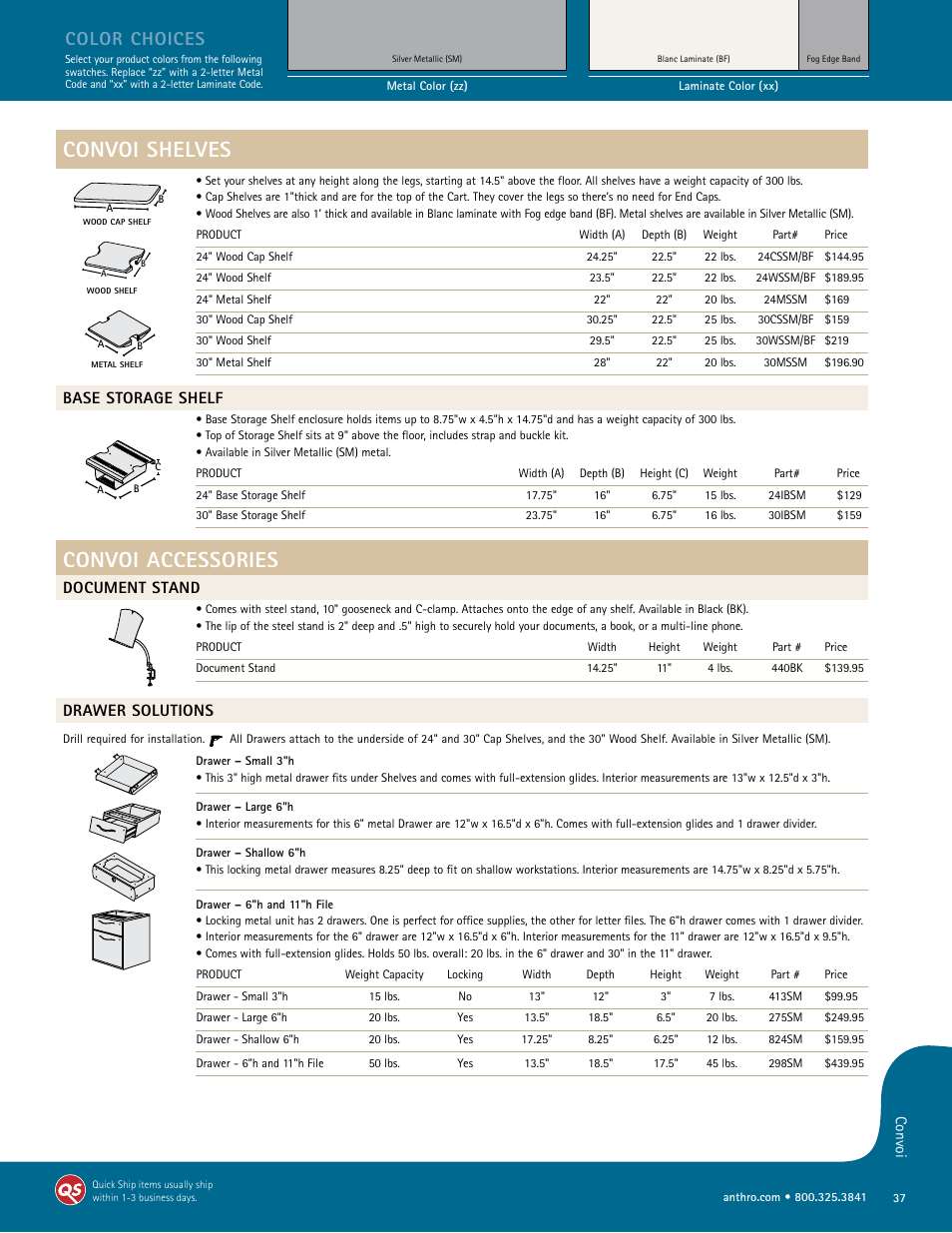 Convoi shelves, Convoi accessories, Color choices | Base storage shelf, Document stand, Drawer solutions | Anthro Convoi Spec Guide User Manual | Page 2 / 5