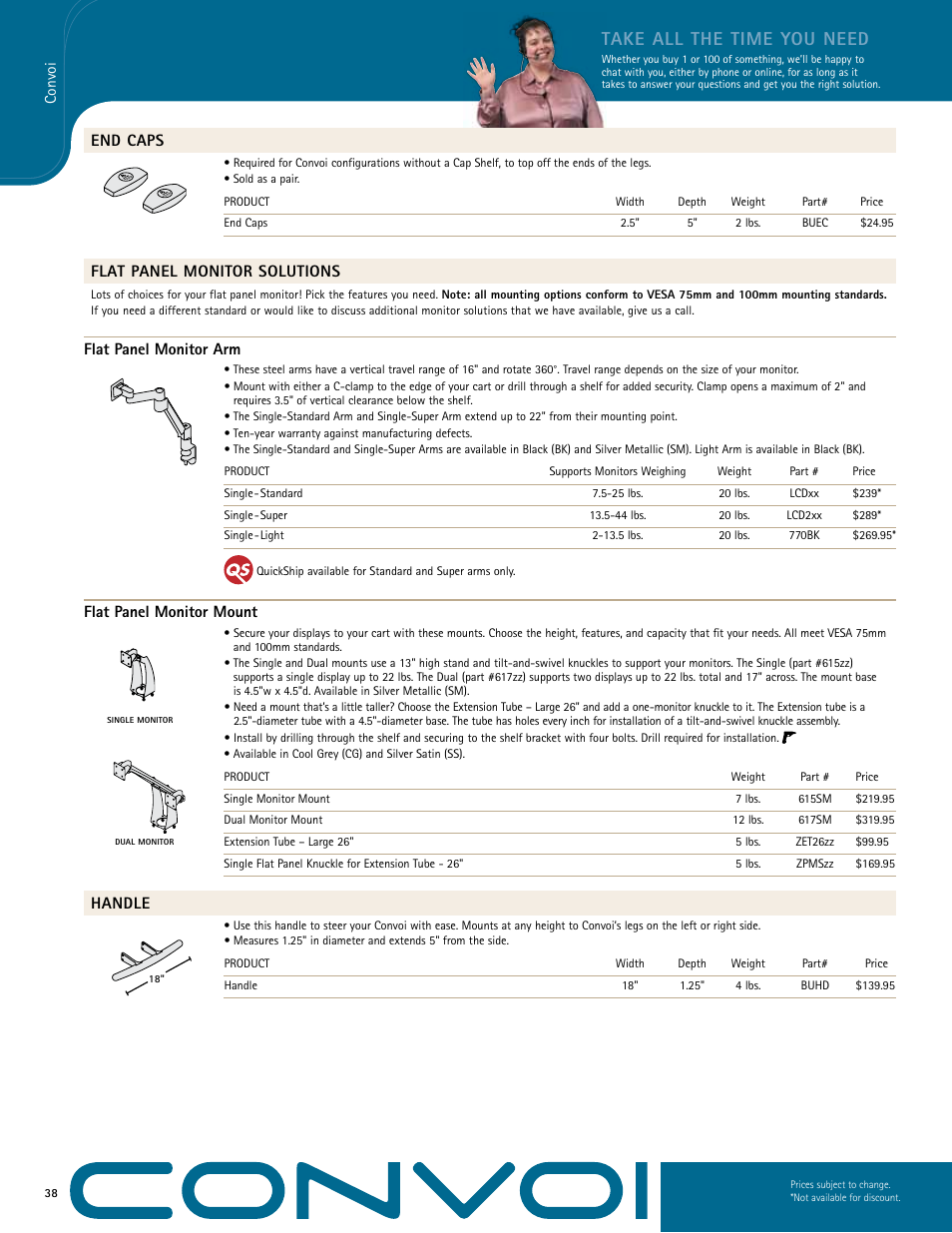 Take all the time you need, End caps, Flat panel monitor solutions | Flat panel monitor arm, Flat panel monitor mount, Handle | Anthro Convoi Spec Guide User Manual | Page 3 / 5