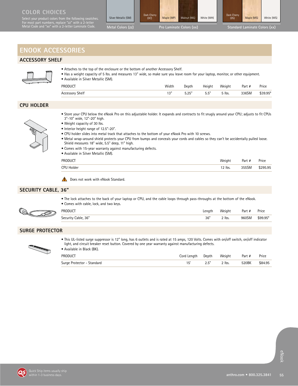 Enook accessories, Color choices, Accessory shelf | Cpu holder, Security cable, 36, Surge protector | Anthro eNook Standard Spec Guide User Manual | Page 2 / 2