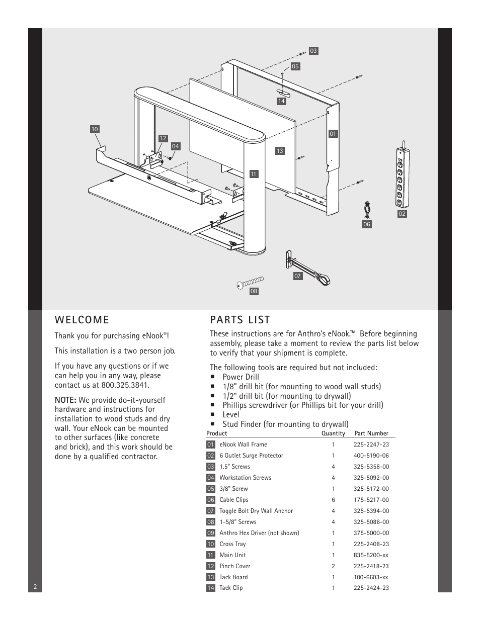Welcome, Parts list | Anthro eNook Standard II Assembly Instructions User Manual | Page 2 / 9