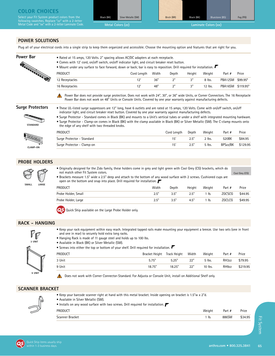 Color choices, Power solutions, Power bar | Surge protectors, Probe holders, Rack - hanging, Scanner bracket | Anthro Fit Adjusta Unit Spec Guide User Manual | Page 10 / 11