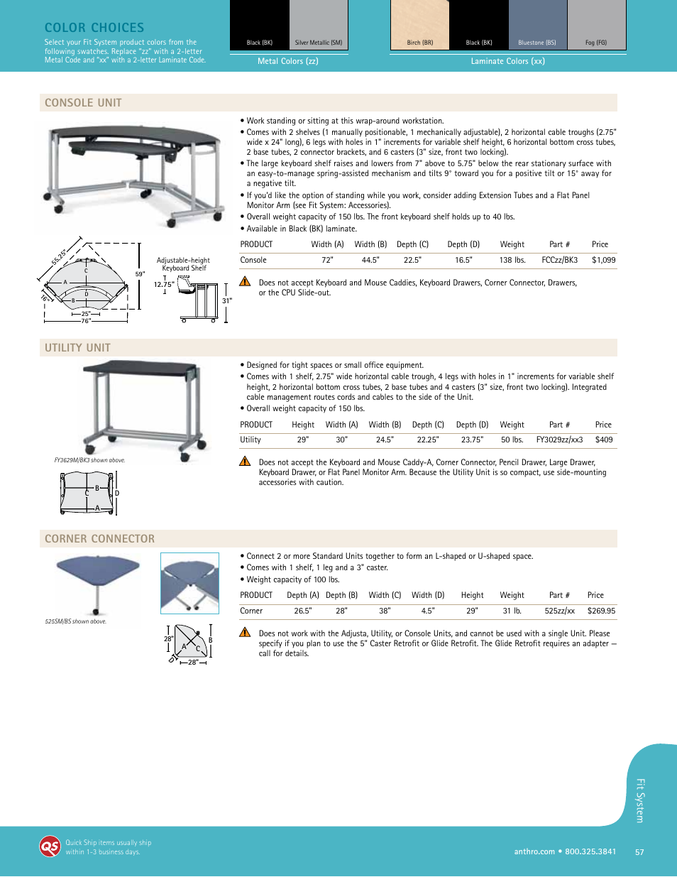 Color choices, Console unit, Utility unit | Corner connector, Fit system | Anthro Fit Adjusta Unit Spec Guide User Manual | Page 2 / 11