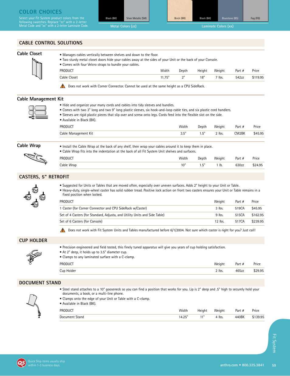 Color choices, Cable control solutions cable closet, Cable management kit | Cable wrap, Casters, 5" retrofit, Cup holder, Document stand | Anthro Fit Adjusta Unit Spec Guide User Manual | Page 4 / 11