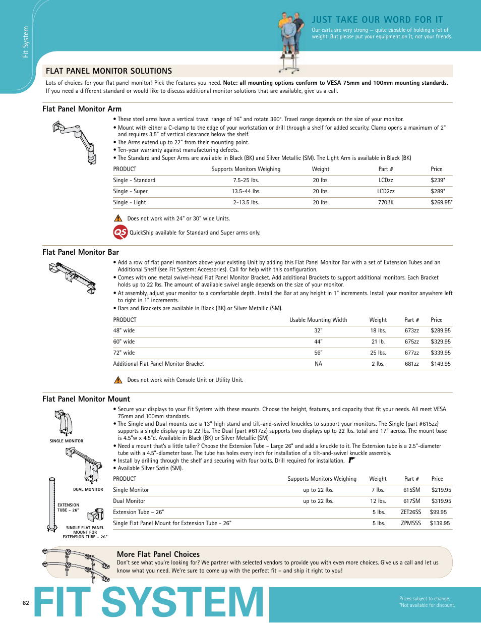 Fit system, Just take our word for it, Flat panel monitor solutions | Flat panel monitor arm, Flat panel monitor bar, Flat panel monitor mount, More flat panel choices | Anthro Fit Adjusta Unit Spec Guide User Manual | Page 7 / 11