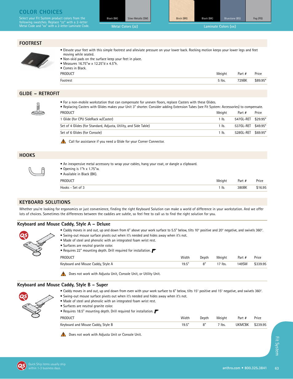 Color choices, Footrest, Glide – retrofit | Hooks, Keyboard solutions, Keyboard and mouse caddy, style a – deluxe, Keyboard and mouse caddy, style b – super | Anthro Fit Adjusta Unit Spec Guide User Manual | Page 8 / 11