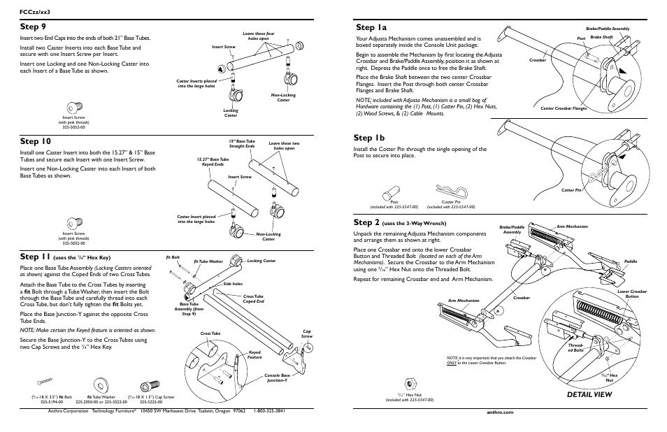 Step 9, Step 10, Step 2 | Step 1a, Step 1b, Step 11, Detail view, Hex key, Fcczz/xx3 | Anthro Fit Console Unit Assembly Instructions User Manual | Page 3 / 4