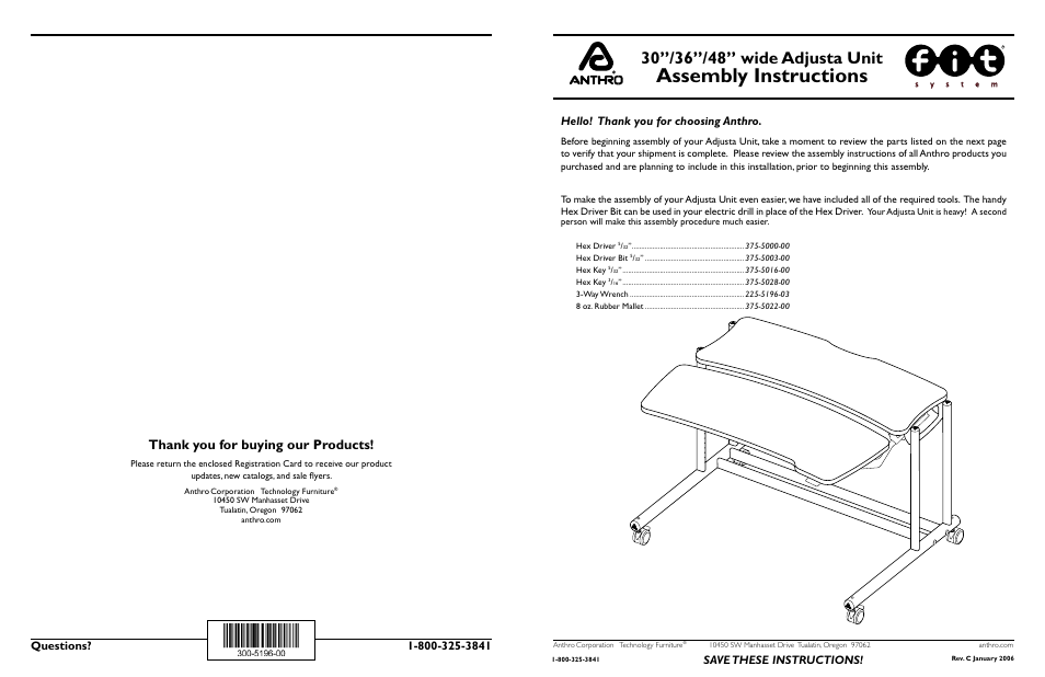 Anthro Fit Adjusta Unit 30/36/48 Assembly Instructions User Manual | 4 pages