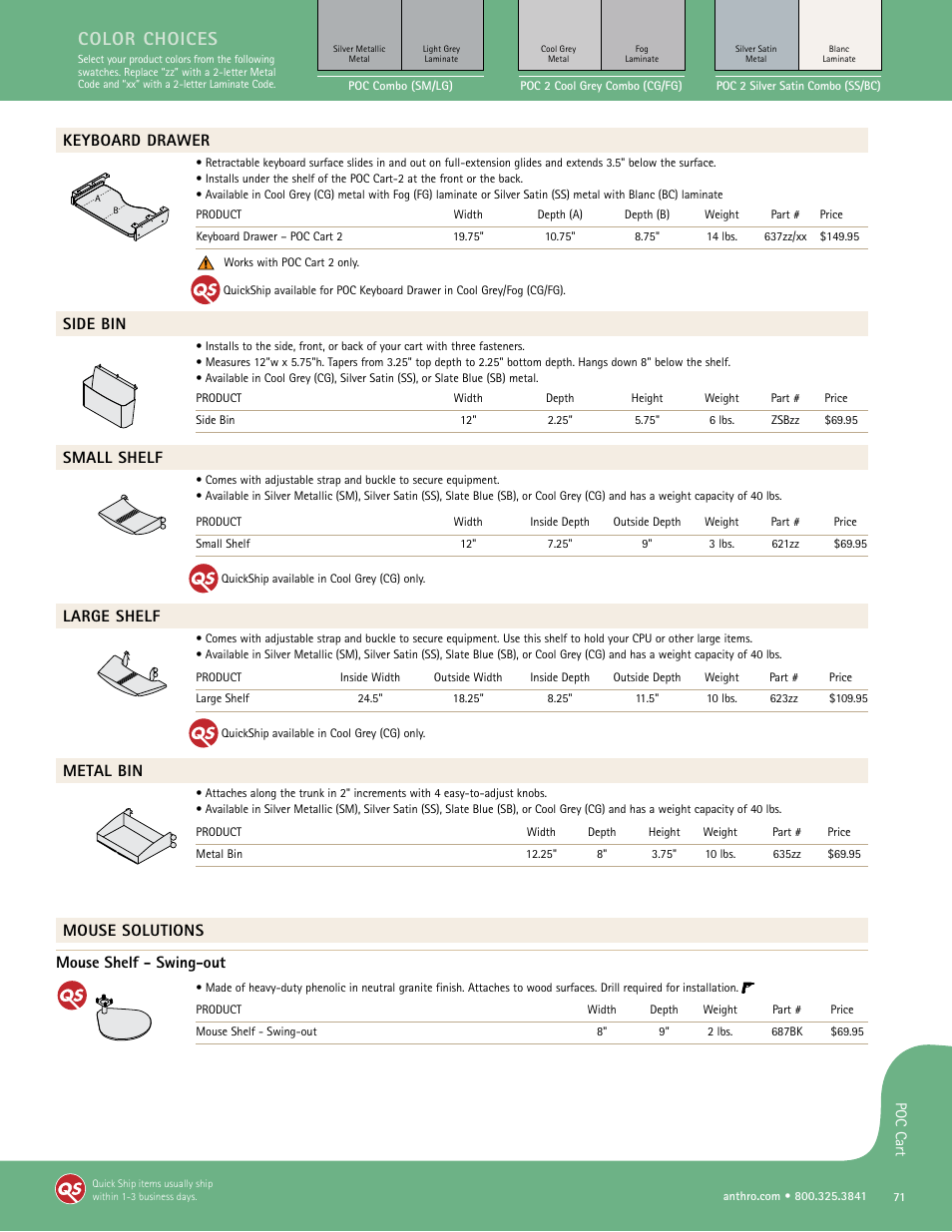 Color choices, Keyboard drawer, Side bin | Small shelf, Large shelf, Metal bin, Mouse solutions mouse shelf - swing-out | Anthro POC Cart Spec Guide User Manual | Page 3 / 4