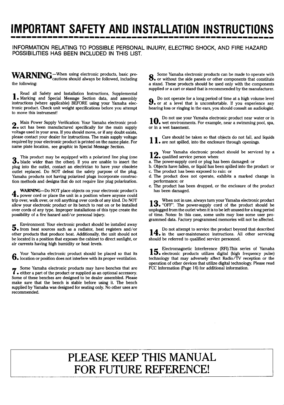 Important safety and installation instructions, Please keep this manual for future reference | Yamaha CLP-50 User Manual | Page 2 / 11