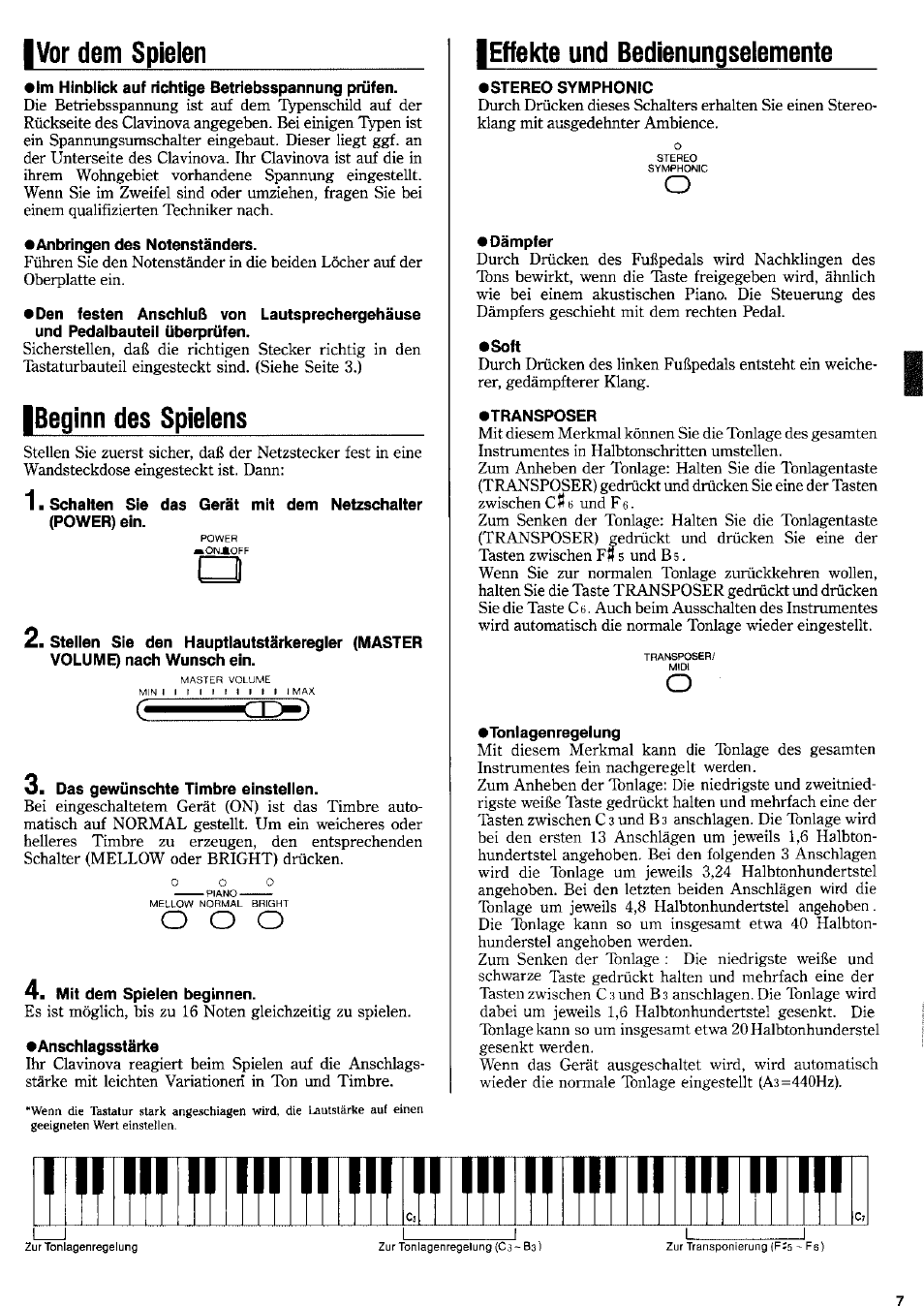 Inniimirii in nnr, M innniirifi rir, O o o | Vor dem spielen, Beginn des spielens, Effekte und bedienungselemente | Yamaha CLP-50 User Manual | Page 6 / 11