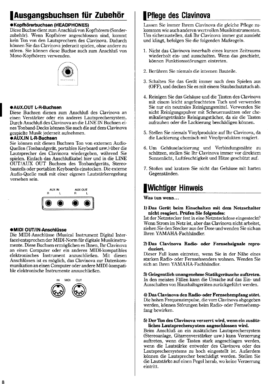 I ausgangsbuchsen für zubehör, Pflege des clavinova, Wichtiger hinweis | Yamaha CLP-50 User Manual | Page 7 / 11