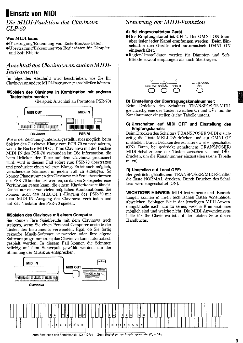 Einsatz von midi, Die midi-funktion des clavinova clp-50, Anschluß des clavinova an anderemidi- instrumente | Steuerung der midi-funktion | Yamaha CLP-50 User Manual | Page 8 / 11