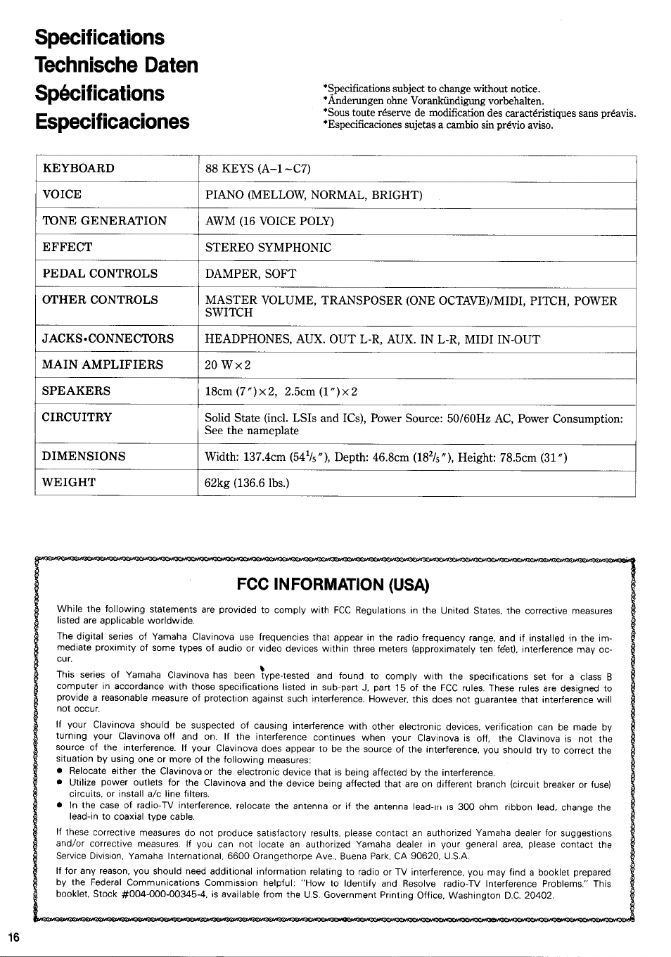 Specifications technische daten | Yamaha CLP-50 User Manual | Page 9 / 11