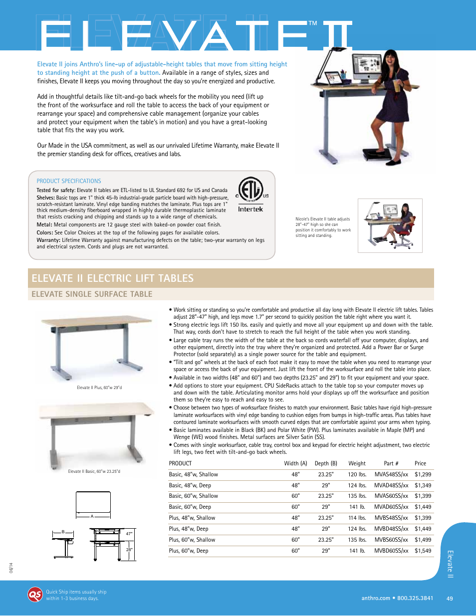 Anthro Elevate II Adjusta Spec Guide User Manual | 5 pages