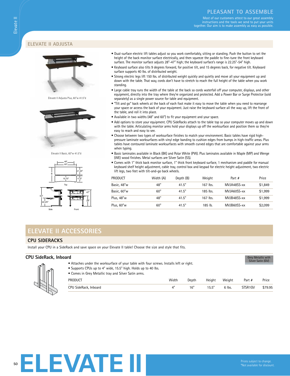 Elevate ii, Elevate ii accessories, Pleasant to assemble | Elevate ii adjusta, Cpu sideracks, Cpu siderack, inboard | Anthro Elevate II Adjusta Spec Guide User Manual | Page 2 / 5