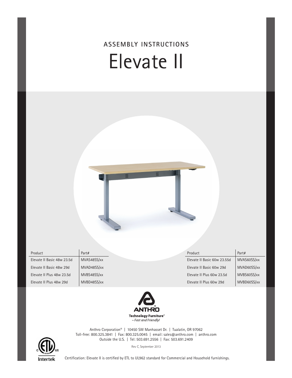 Anthro Elevate II Single Surface Assembly Instructions User Manual | 8 pages