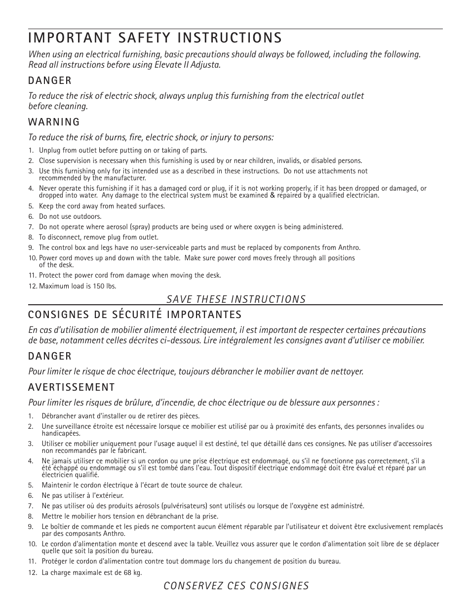 Important safety instructions, Danger, Warning | Avertissement, Conservez ces consignes | Anthro Elevate II Single Surface Assembly Instructions User Manual | Page 2 / 8