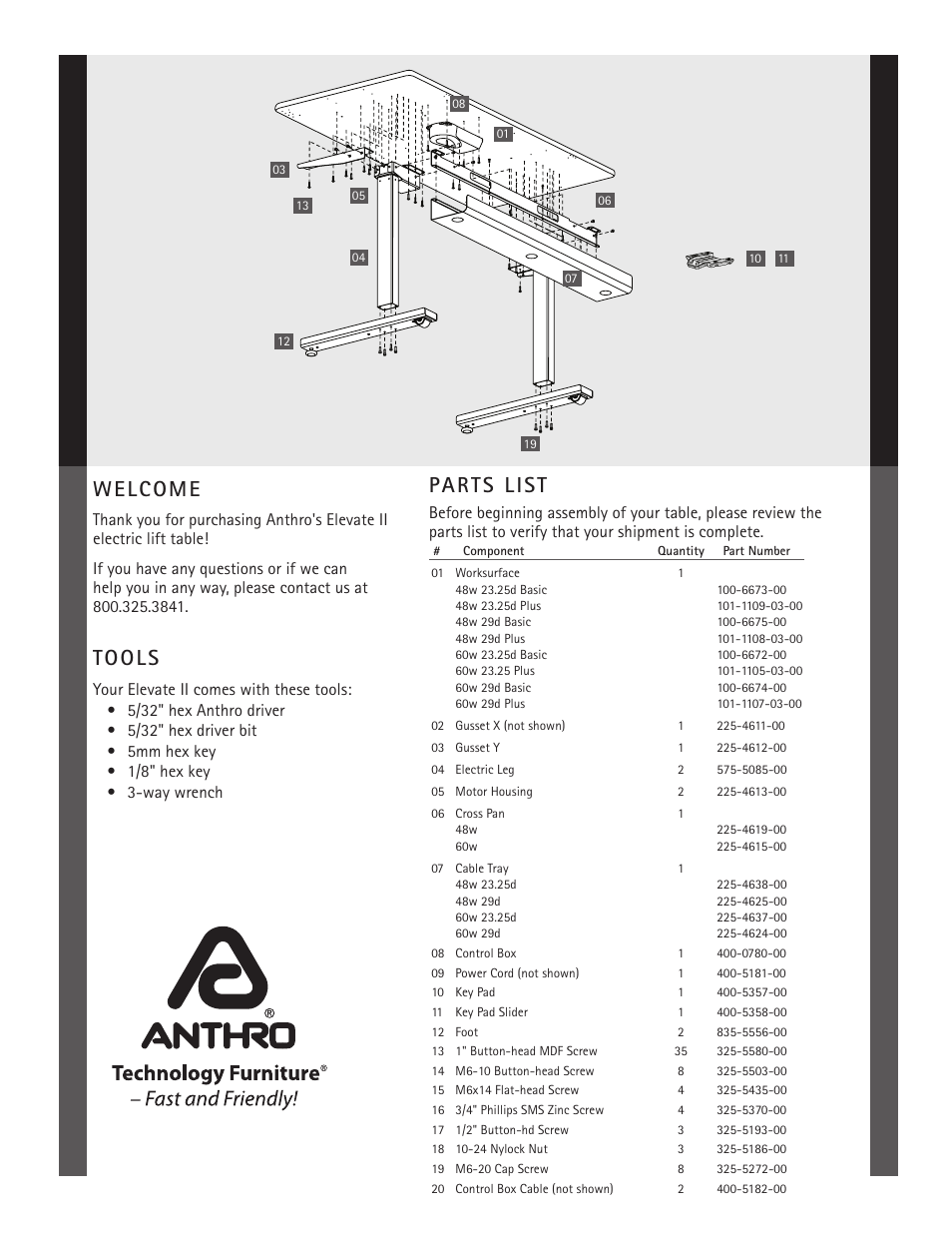 Welcome, Tools, Parts list | Anthro Elevate II Single Surface Assembly Instructions User Manual | Page 3 / 8