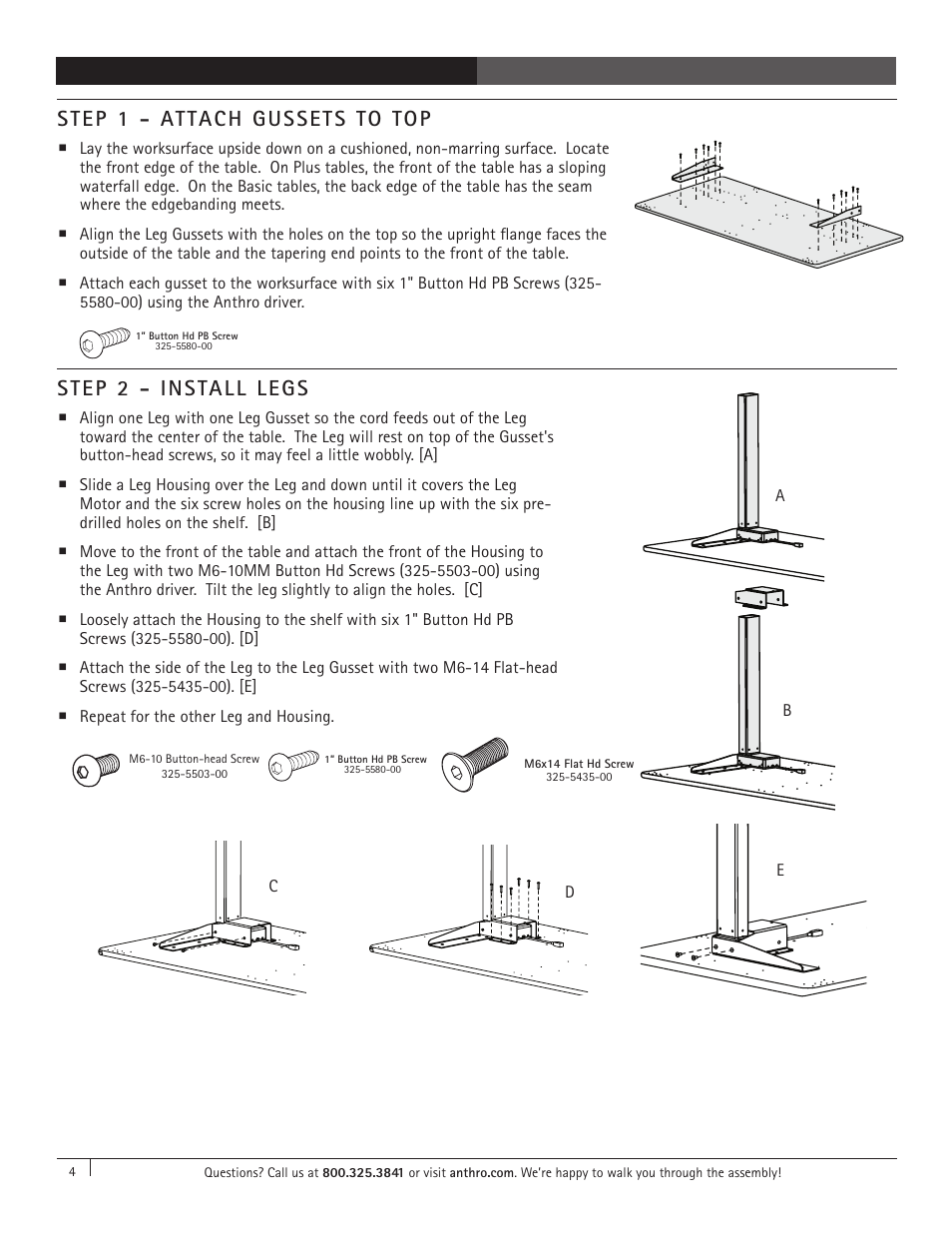 Step 1 - attach gussets to top, Step 2 - install legs | Anthro Elevate II Single Surface Assembly Instructions User Manual | Page 4 / 8