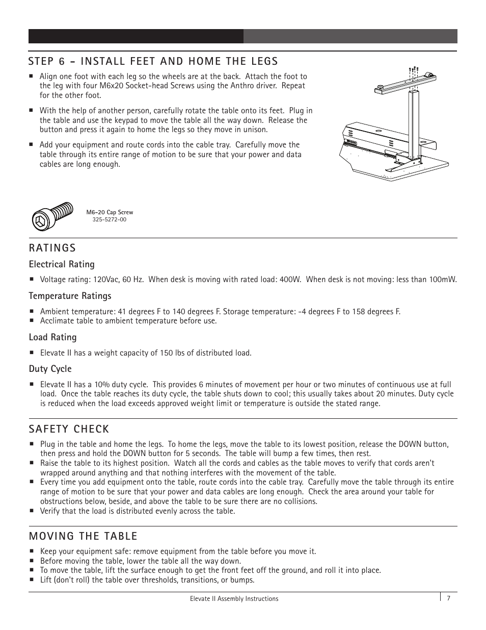 Ratings, Safety check, Moving the table | Step 6 - install feet and home the legs | Anthro Elevate II Single Surface Assembly Instructions User Manual | Page 7 / 8