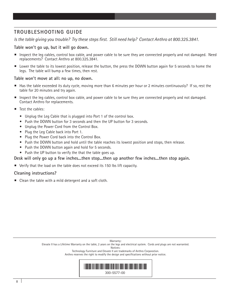 Troubleshooting guide | Anthro Elevate II Single Surface Assembly Instructions User Manual | Page 8 / 8