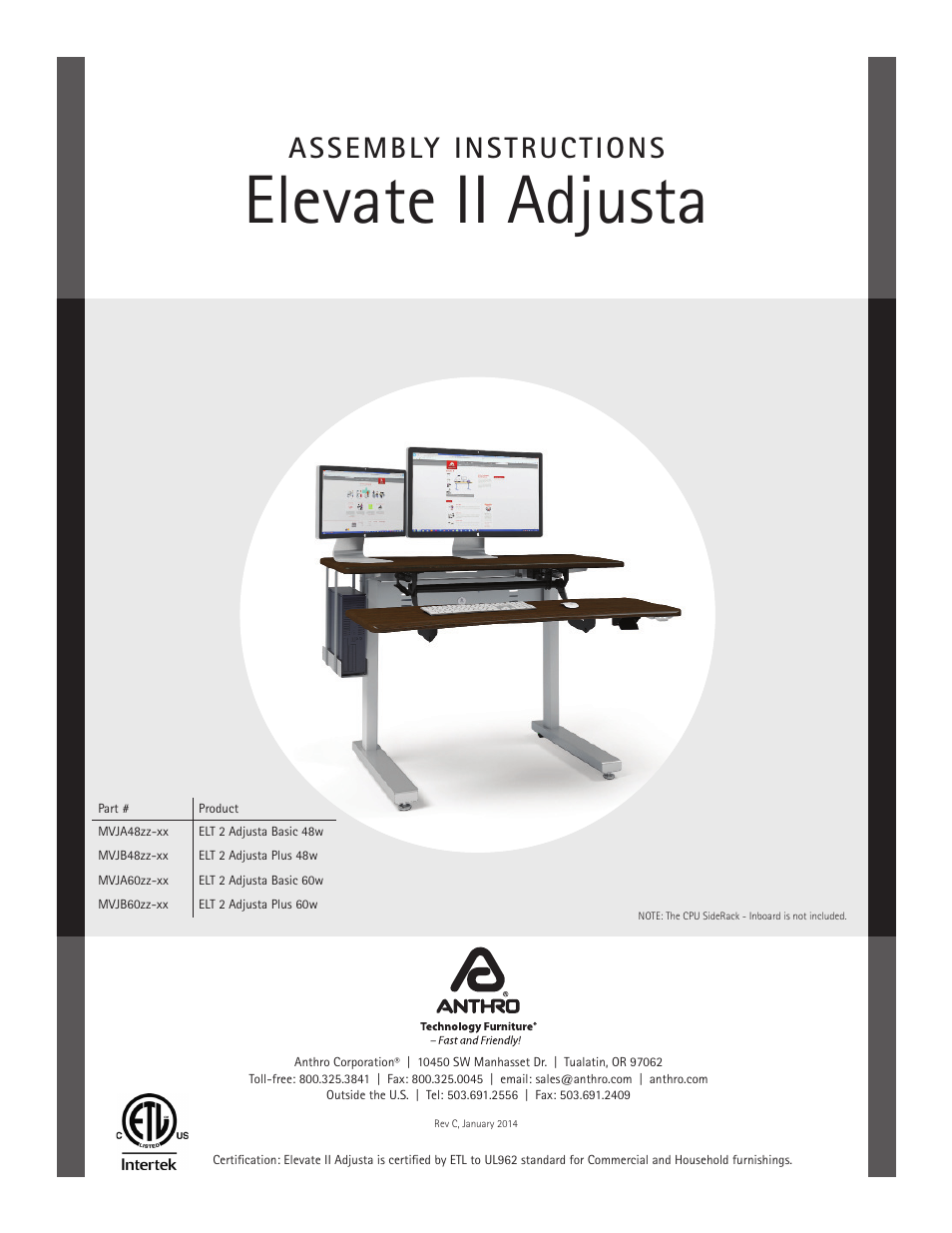 Anthro Elevate II Adjusta Assembly Instructions User Manual | 8 pages