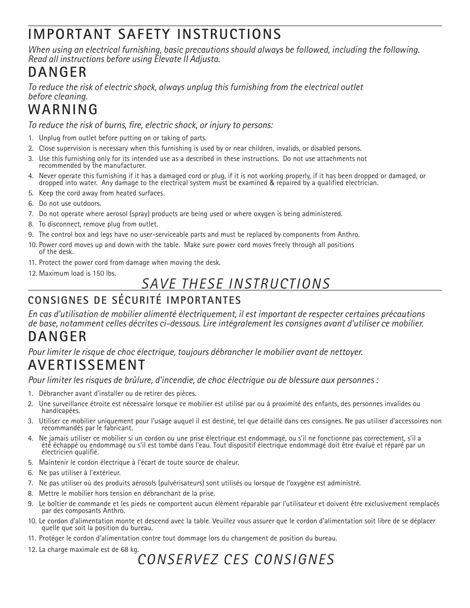 Important safety instructions, Danger, Warning | Save these instructions, Avertissement, Conservez ces consignes | Anthro Elevate II Adjusta Assembly Instructions User Manual | Page 2 / 8