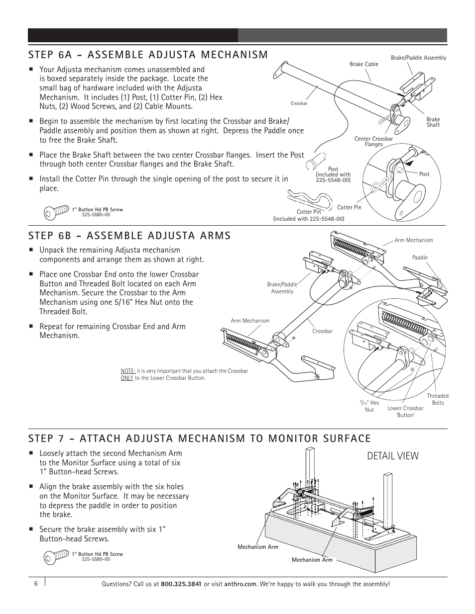Step 6a - assemble adjusta mechanism, Detail view, Step 6b - assemble adjusta arms | Anthro Elevate II Adjusta Assembly Instructions User Manual | Page 6 / 8