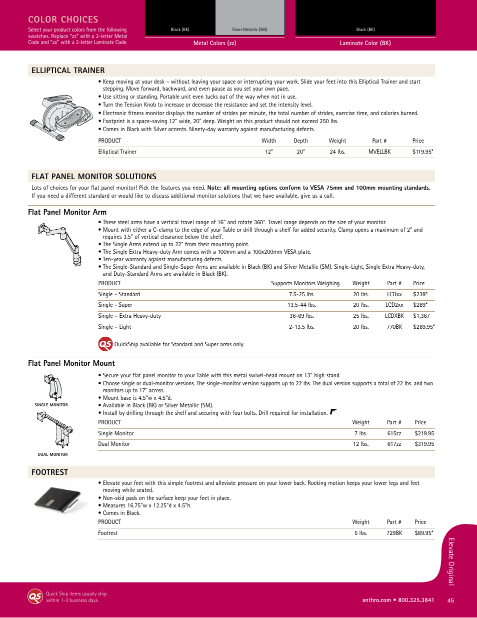 Color choices, Elliptical trainer, Flat panel monitor solutions | Flat panel monitor arm, Flat panel monitor mount, Footrest | Anthro Elevate Original Corner Spec Guide User Manual | Page 5 / 8