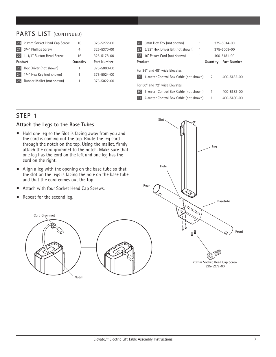 Parts list, Step 1, Attach the legs to the base tubes | Anthro Elevate Original Single Surface Assembly Instructions User Manual | Page 3 / 8