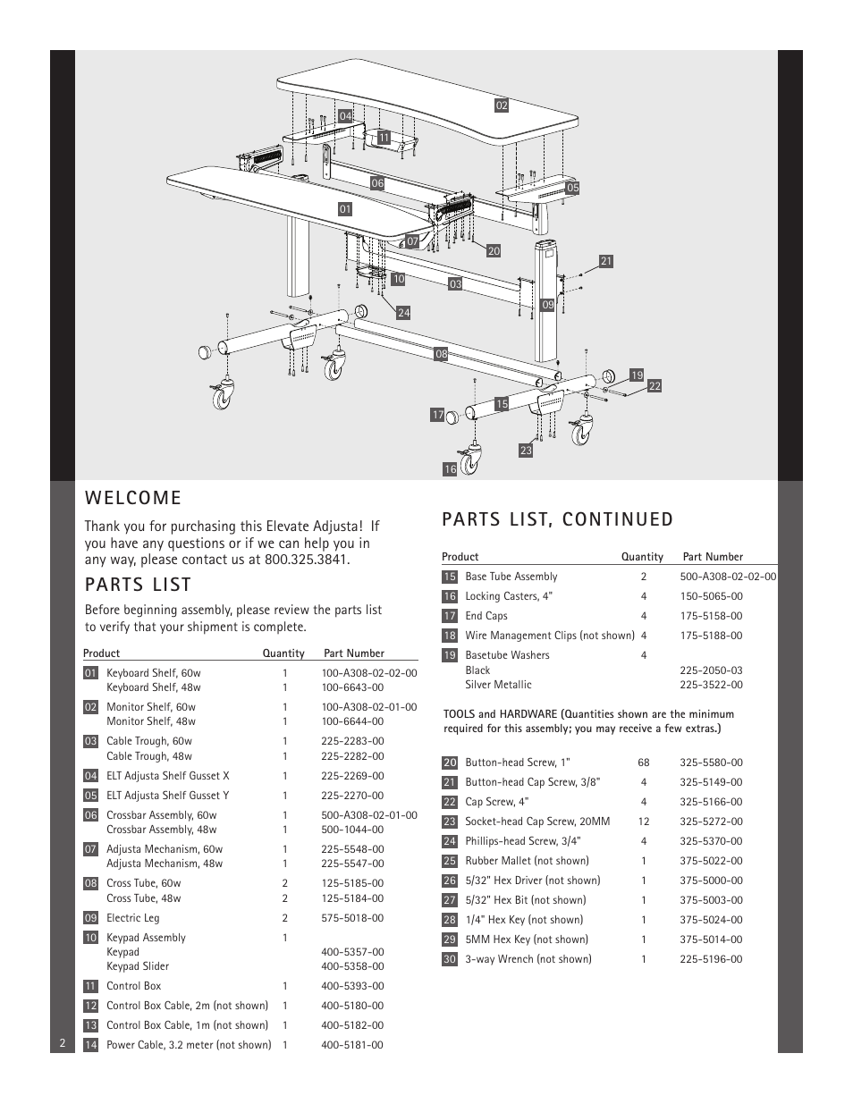 Welcome, Parts list, Parts list, continued | Anthro Elevate Original Adjusta Assembly Instructions User Manual | Page 2 / 8