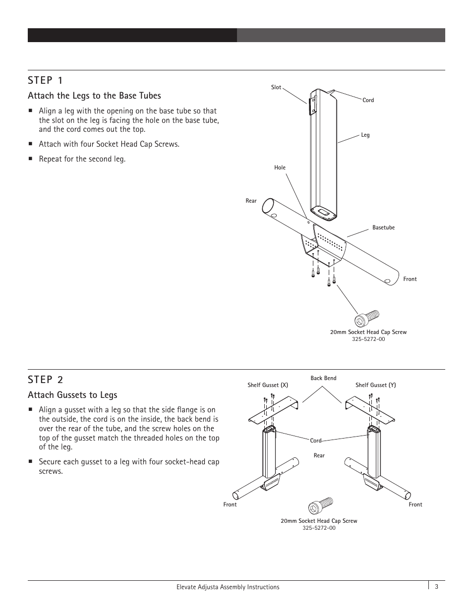 Step 1, Step 2, Attach the legs to the base tubes | Attach gussets to legs | Anthro Elevate Original Adjusta Assembly Instructions User Manual | Page 3 / 8