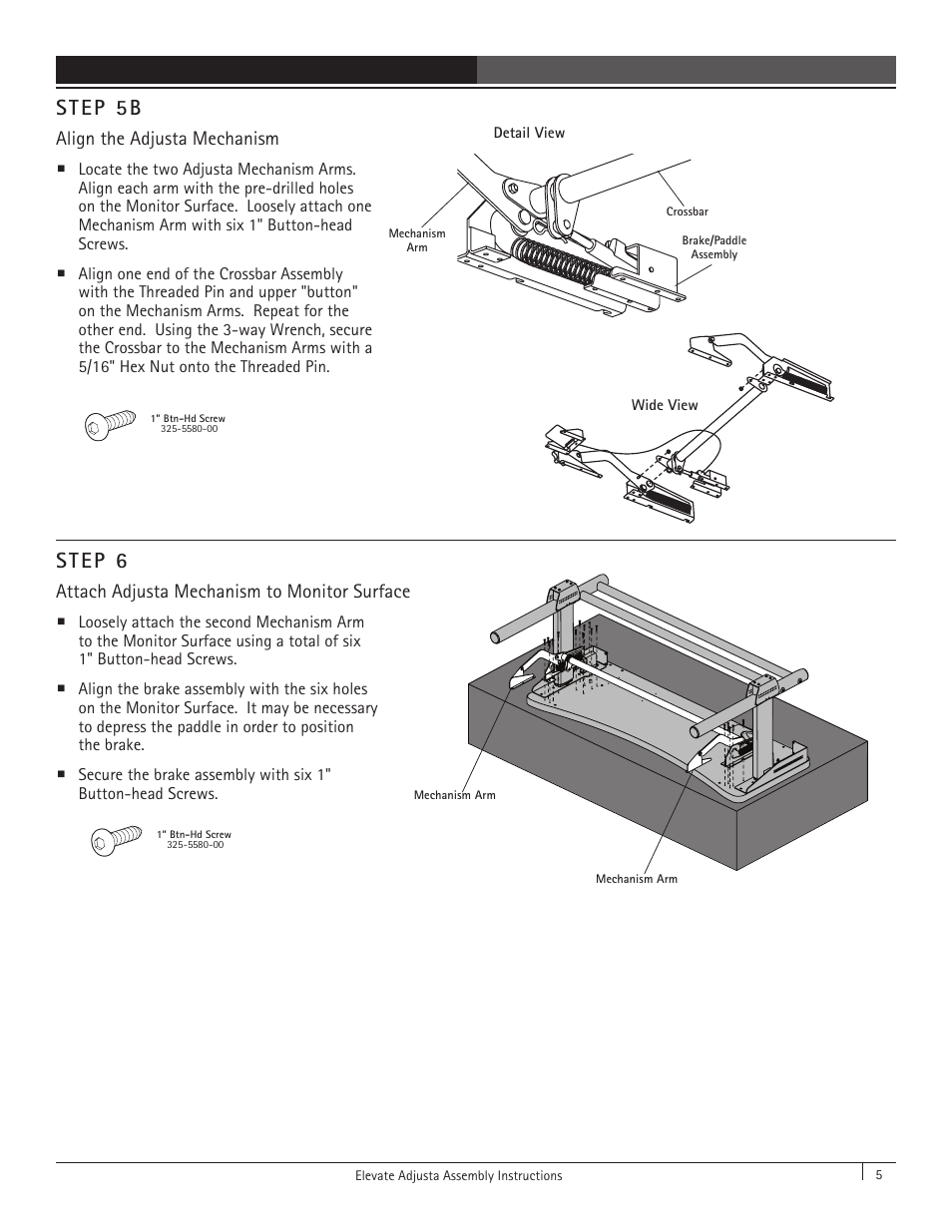 Step 6, Step 5b, Attach adjusta mechanism to monitor surface | Align the adjusta mechanism | Anthro Elevate Original Adjusta Assembly Instructions User Manual | Page 5 / 8