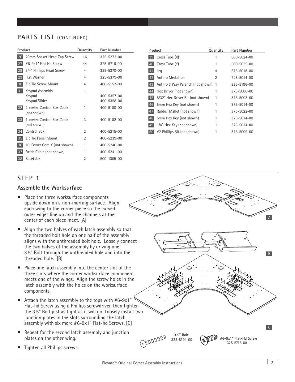 Step 1, Parts list, Assemble the worksurface | Anthro Elevate Original Corner Assembly Instructions User Manual | Page 3 / 8