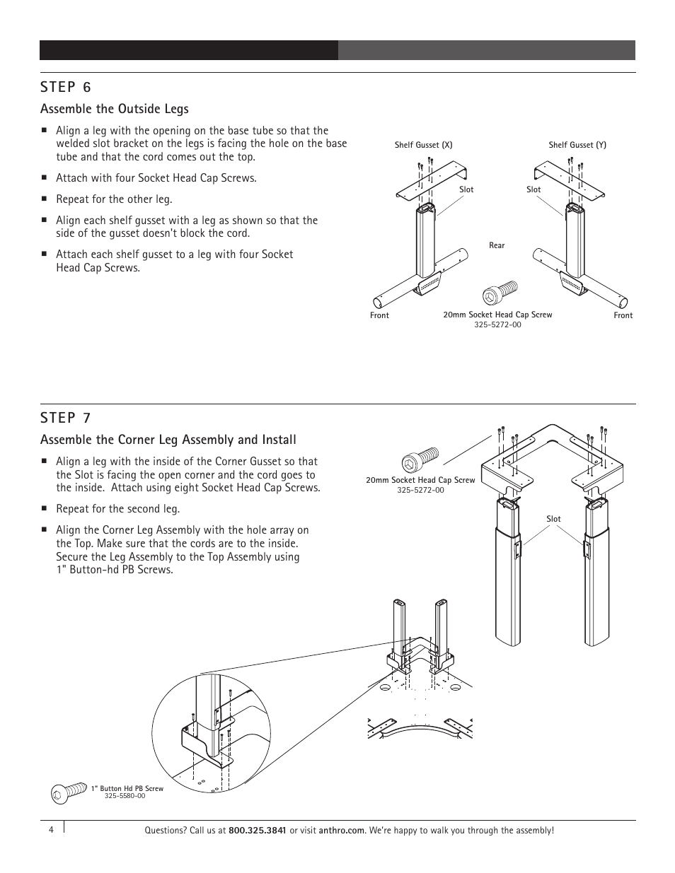 Step 7, Step 6, Assemble the corner leg assembly and install | Assemble the outside legs | Anthro Elevate Original Corner Assembly Instructions User Manual | Page 4 / 8