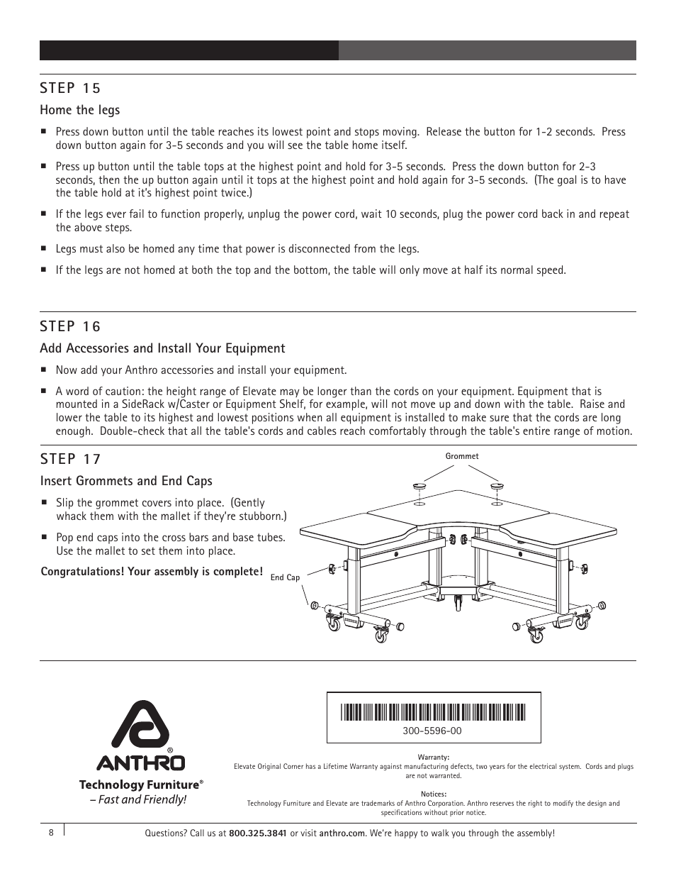 Step 15, Step 16, Step 17 | Anthro Elevate Original Corner Assembly Instructions User Manual | Page 8 / 8